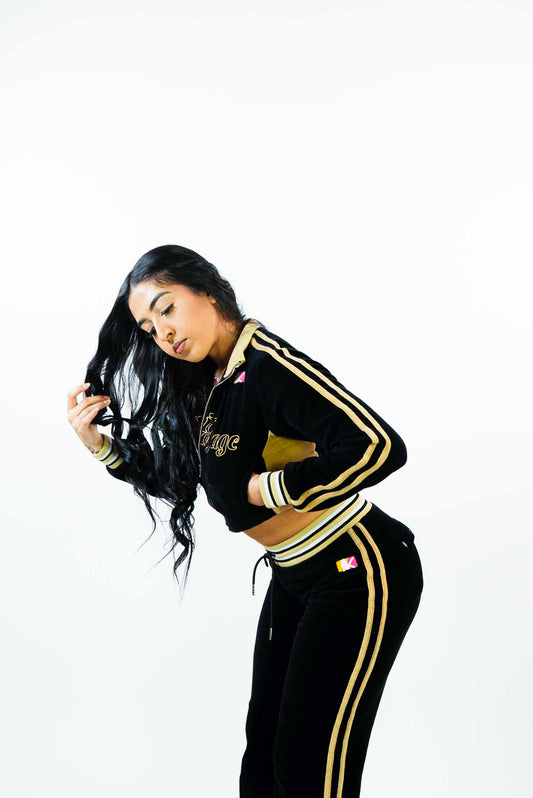 Female Players black velour tracksuit