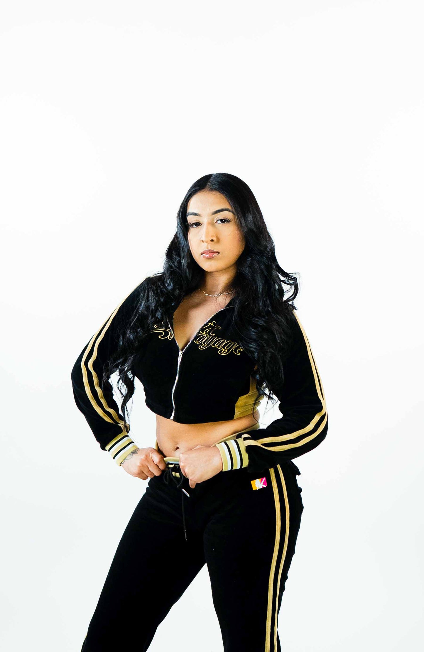 Female Players black velour tracksuit